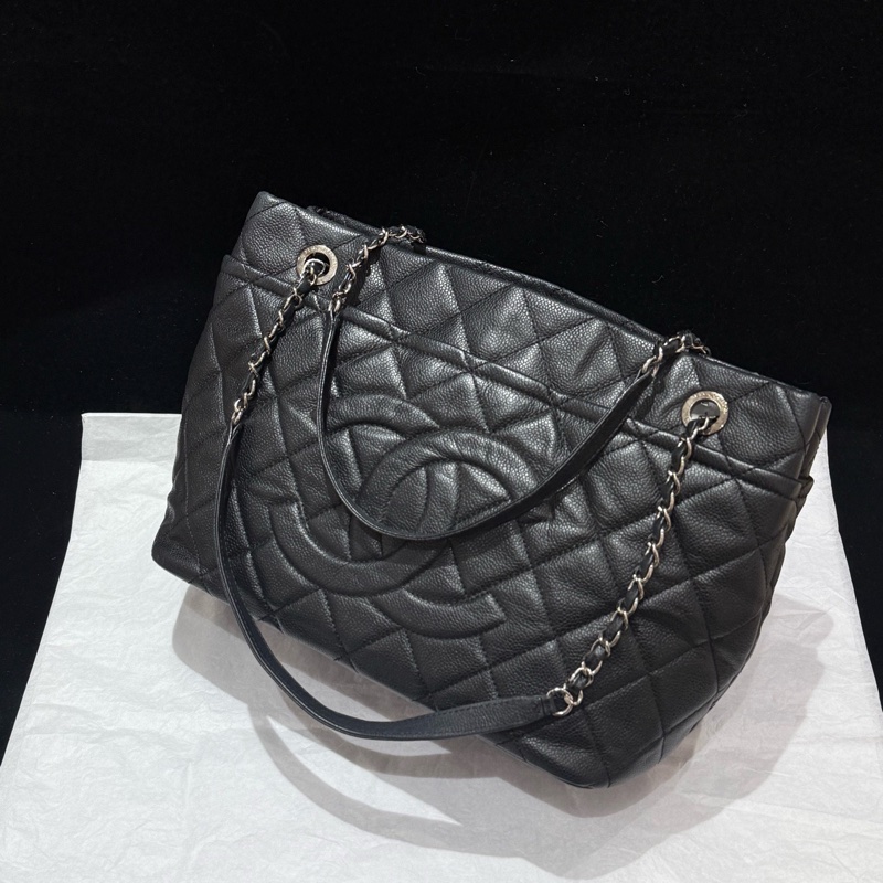 chanel 黑色大logo托特包 荔枝牛皮17開 尺寸約25*36-1
