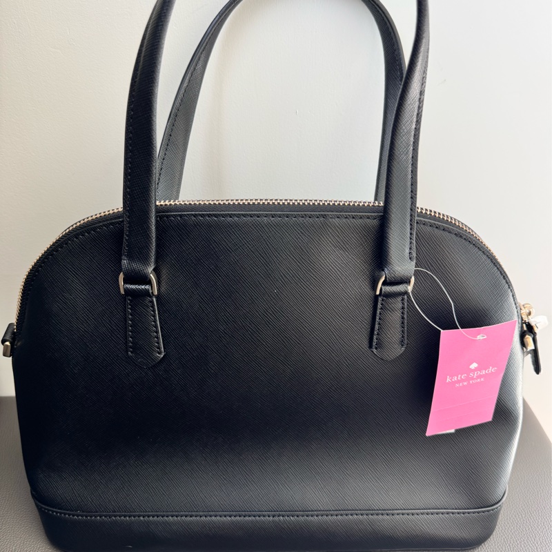 Kate Spade SADIE金字桃心LOGO防刮牛皮拉鍊手提斜背貝殼包 黑色-3