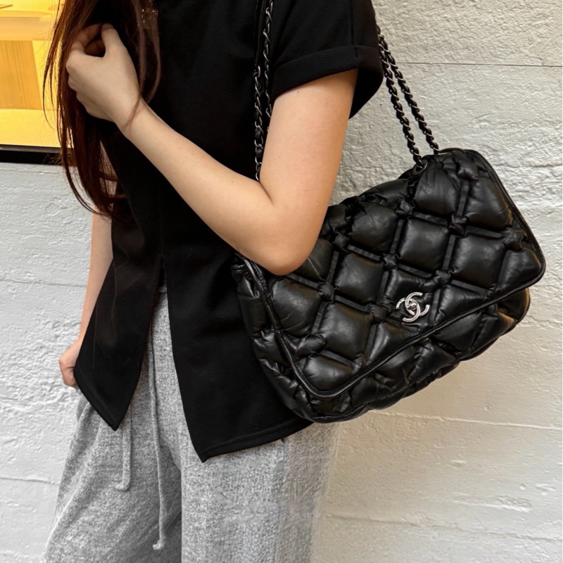 Chanel 黑銀牛皮大菱格CF泡芙Jumbo 尺寸約36*23 鐳射23開-0