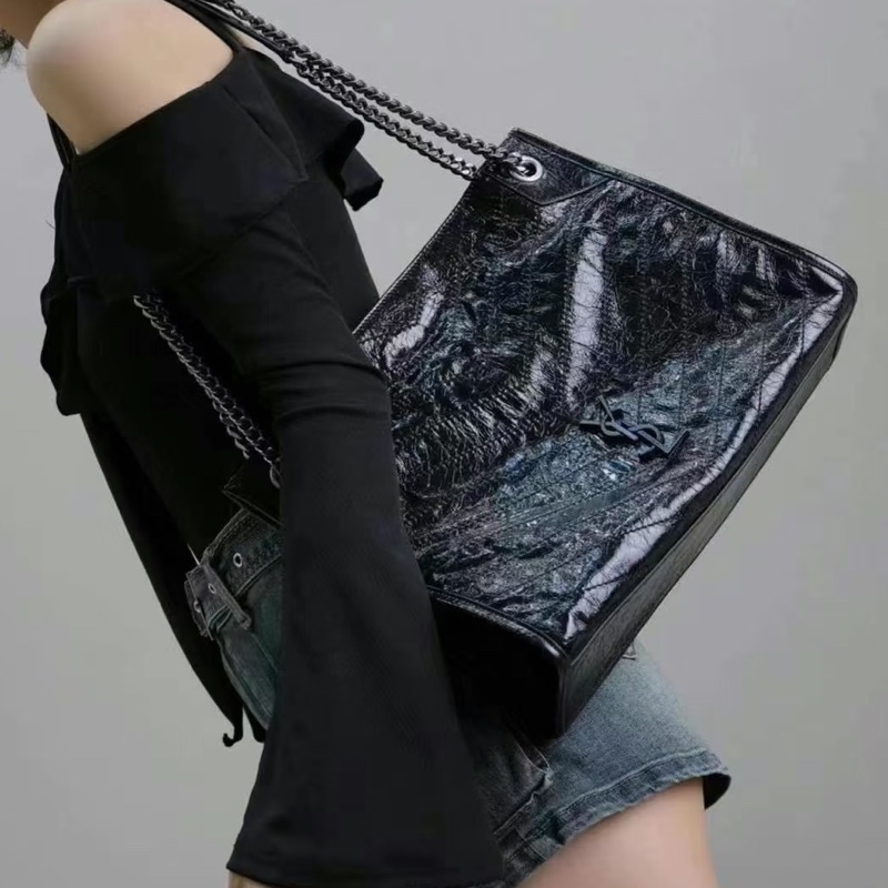 #YSL #聖羅蘭Niki shopping bag 黑銀油蠟牛皮 👜👜-0