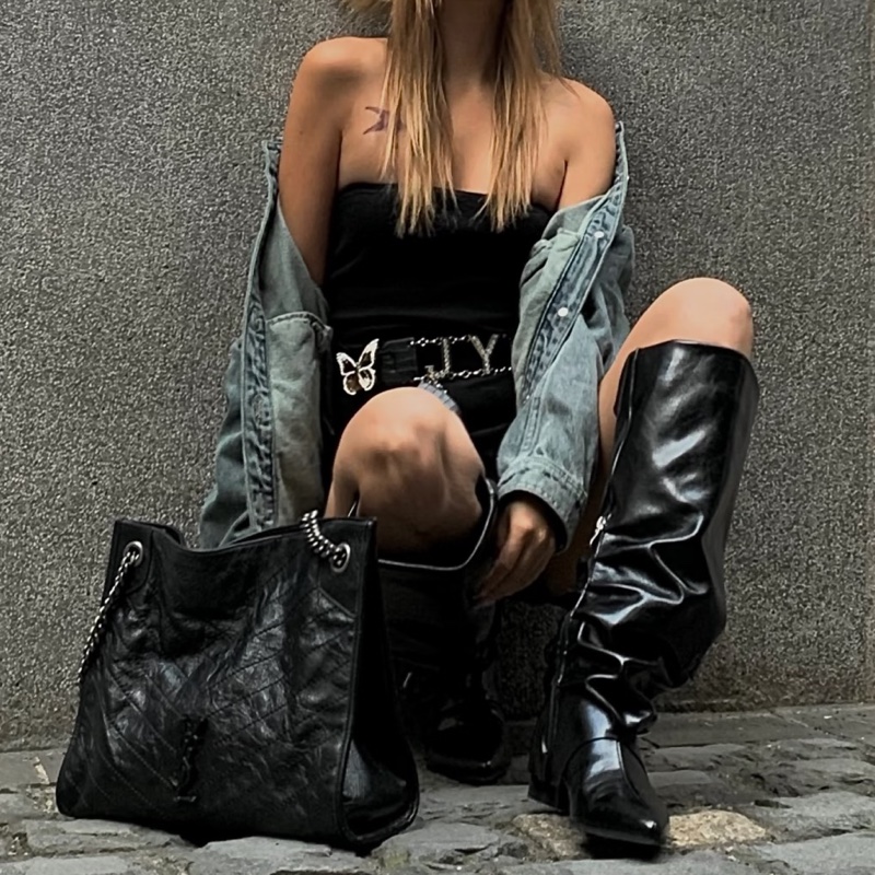 #YSL #聖羅蘭Niki shopping bag 黑銀油蠟牛皮 👜👜-1