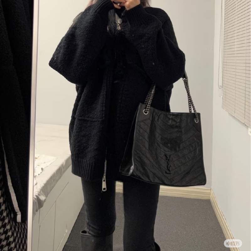 #YSL #聖羅蘭Niki shopping bag 黑銀油蠟牛皮 👜👜-4