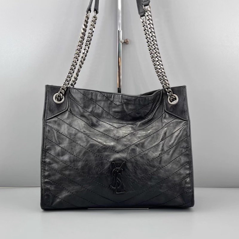 #YSL #聖羅蘭Niki shopping bag 黑銀油蠟牛皮 👜👜-9