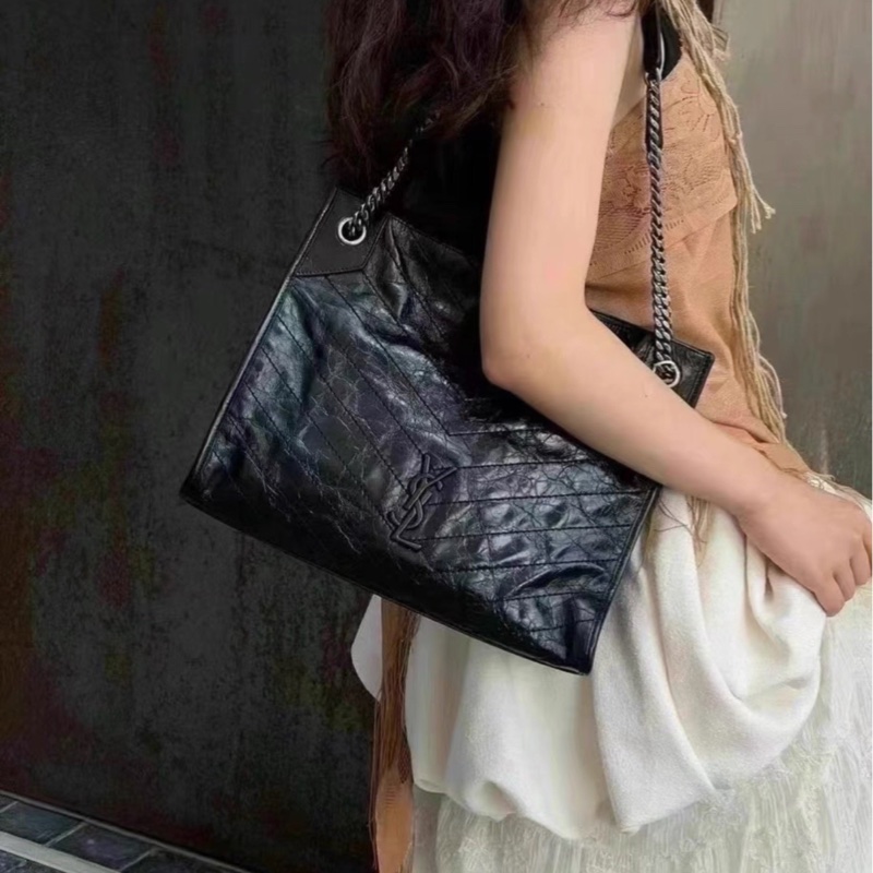 #YSL #聖羅蘭Niki shopping bag 黑銀油蠟牛皮 👜👜-16