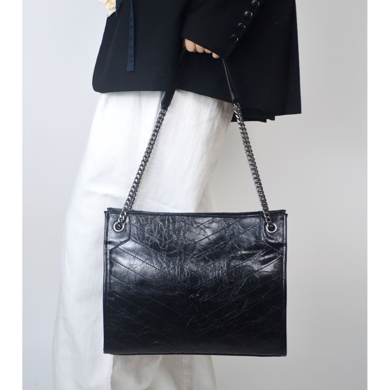 #YSL #聖羅蘭Niki shopping bag 黑銀油蠟牛皮 👜👜-7