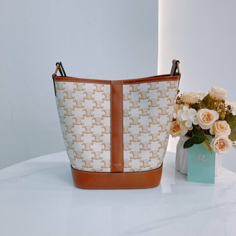 MS0592 Celine 思琳/塞琳 凱旋門 水桶包 斜背 單肩 可調節 硬帆布 牛皮 白色 金扣  Triomphe Bucket Small Calfskin and Canvas White x GHW