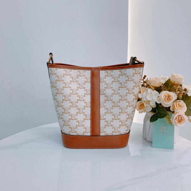 MS0592 Celine 思琳/塞琳 凱旋門 水桶包 斜背 單肩 可調節 硬帆布 牛皮 白色 金扣 Triomphe Bucket Small Calfskin and Canvas White x GHW-1