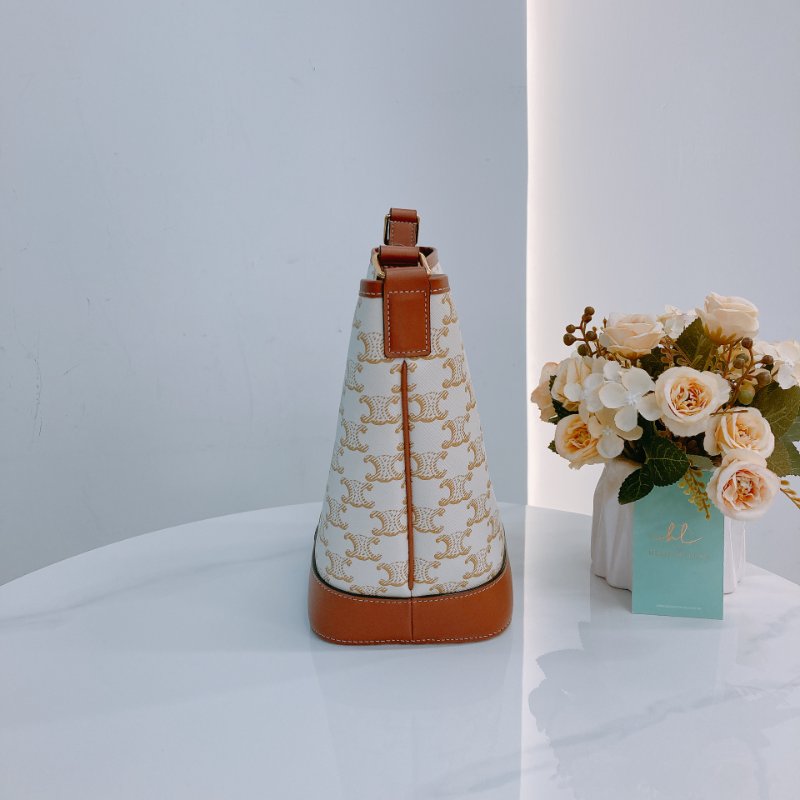 MS0592 Celine 思琳/塞琳 凱旋門 水桶包 斜背 單肩 可調節 硬帆布 牛皮 白色 金扣 Triomphe Bucket Small Calfskin and Canvas White x GHW-2