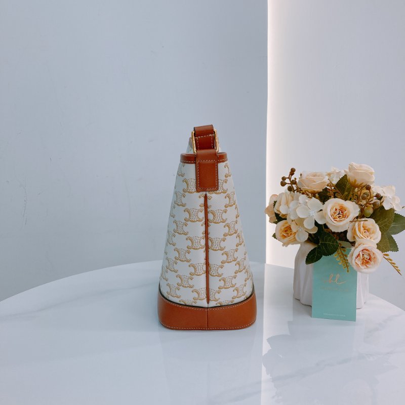 MS0592 Celine 思琳/塞琳 凱旋門 水桶包 斜背 單肩 可調節 硬帆布 牛皮 白色 金扣 Triomphe Bucket Small Calfskin and Canvas White x GHW-3