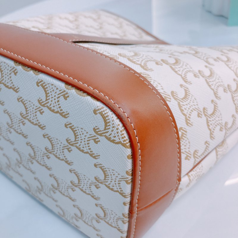 MS0592 Celine 思琳/塞琳 凱旋門 水桶包 斜背 單肩 可調節 硬帆布 牛皮 白色 金扣 Triomphe Bucket Small Calfskin and Canvas White x GHW-6