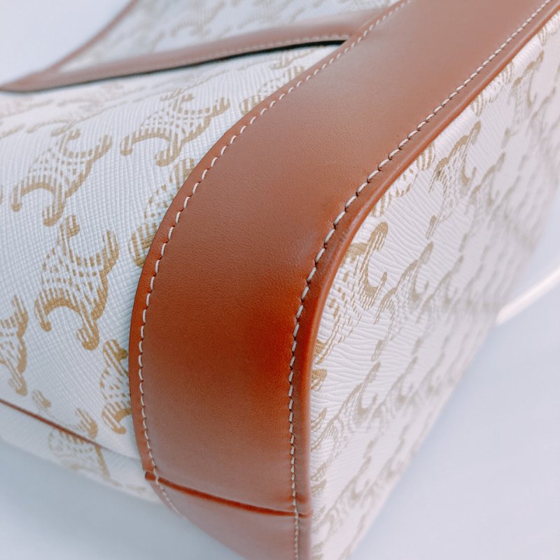 MS0592 Celine 思琳/塞琳 凱旋門 水桶包 斜背 單肩 可調節 硬帆布 牛皮 白色 金扣 Triomphe Bucket Small Calfskin and Canvas White x GHW-7