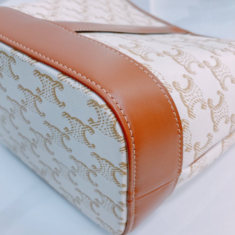 MS0592 Celine 思琳/塞琳 凱旋門 水桶包 斜背 單肩 可調節 硬帆布 牛皮 白色 金扣 Triomphe Bucket Small Calfskin and Canvas White x GHW-8