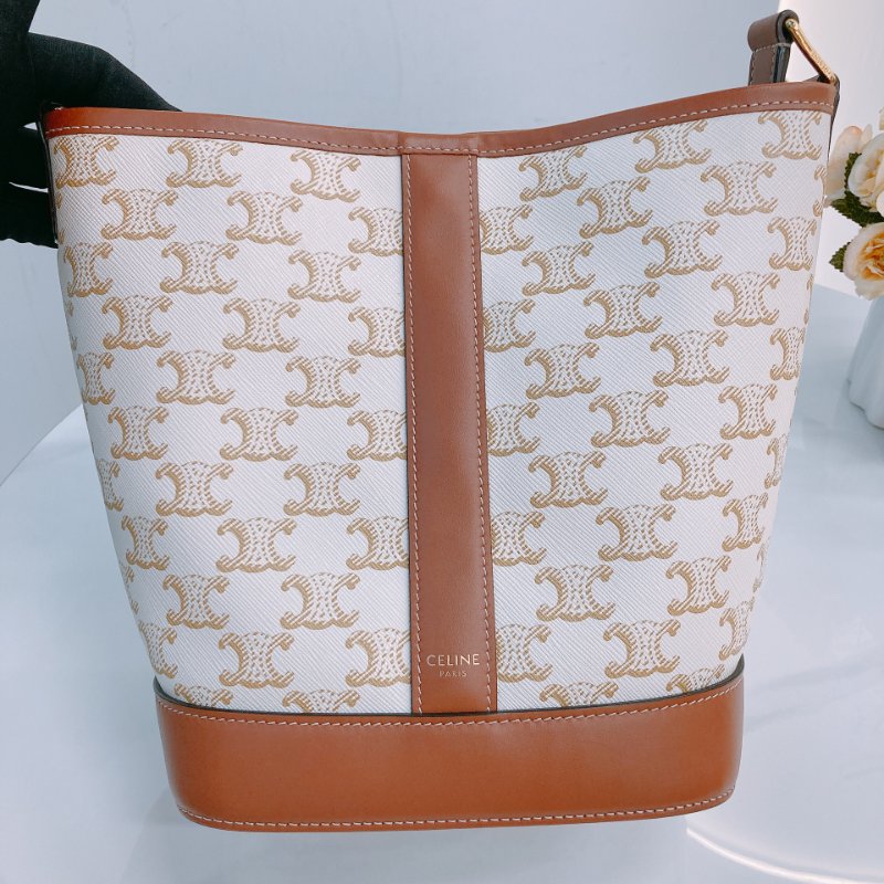 MS0592 Celine 思琳/塞琳 凱旋門 水桶包 斜背 單肩 可調節 硬帆布 牛皮 白色 金扣 Triomphe Bucket Small Calfskin and Canvas White x GHW-10