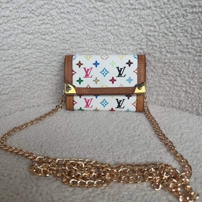 98新LV 村上隆絕版白三彩 卡包零錢包 可配鏈斜挎woc 無附件-0