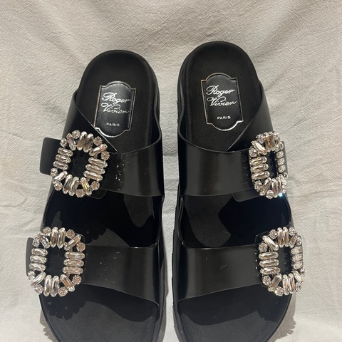 Roger Vivier 經典款式 Slidy Viv' 水鑽方釦皮革穆勒鞋（40號）