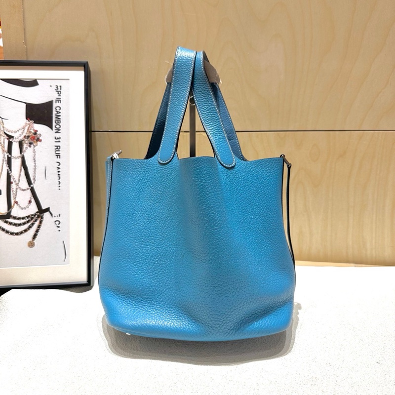 Hermes 愛馬仕 picotin22 菜籃子 藍色,銀扣,手提包 框H刻 TC皮-1