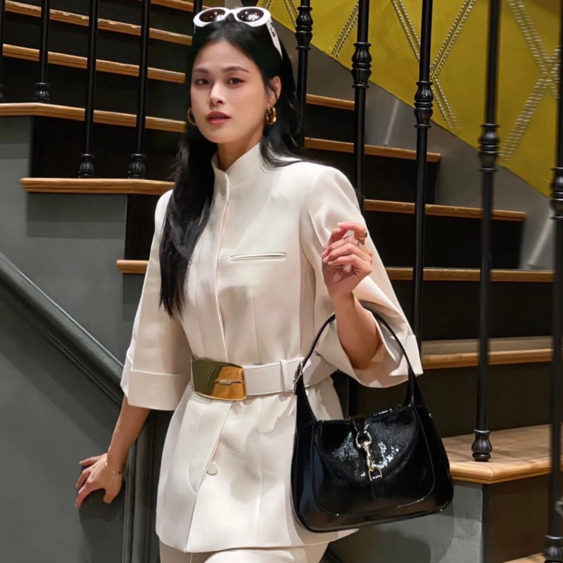 Gucci Jackie新版本黑色漆皮 肩背斜背包腋下包手拎包 金色鎖扣26*18*3.5 99新配件塵袋 盒子 肩帶-1