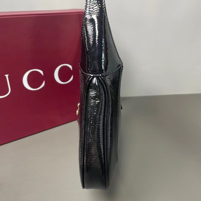 Gucci Jackie新版本黑色漆皮 肩背斜背包腋下包手拎包 金色鎖扣26*18*3.5 99新配件塵袋 盒子 肩帶-5