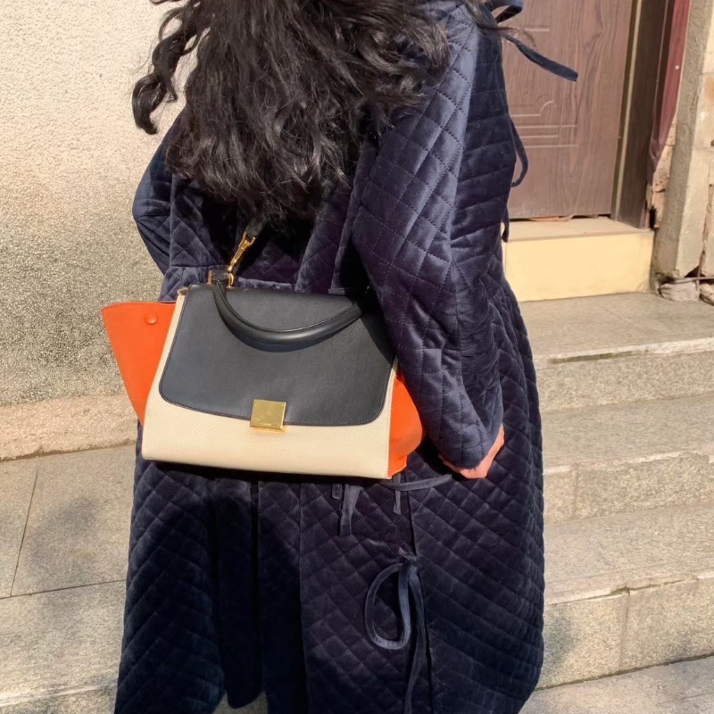Celine拼皮Trapeze鞦韆包帆布拼皮 金扣 30*24*15 98新配件塵袋 肩帶-0