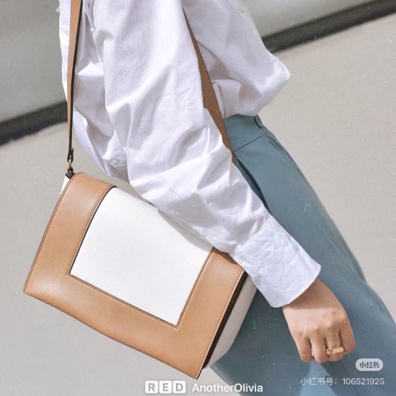 Celine Frame拼色豆腐包 棕色拼白 金扣25*16*10 98新配件塵袋-0
