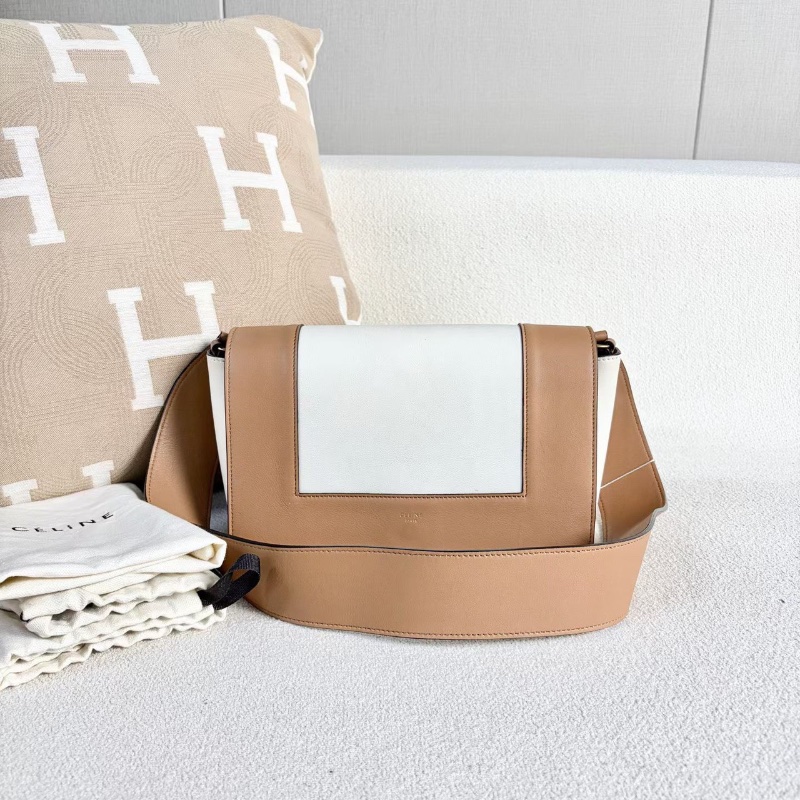 Celine Frame拼色豆腐包 棕色拼白 金扣25*16*10 98新配件塵袋-1