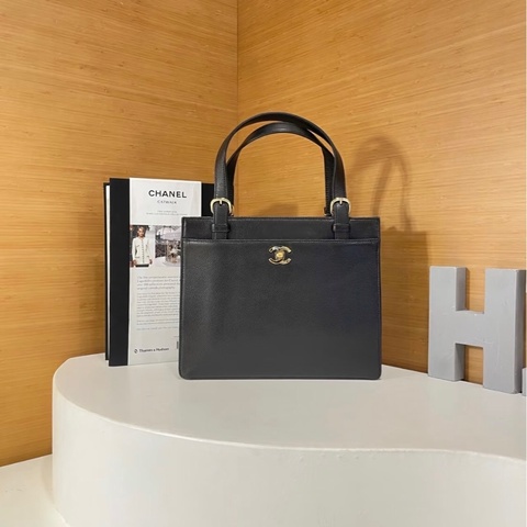 「JL精品代購」98新 Chanel 香奈兒黑金荔枝牛皮托特包