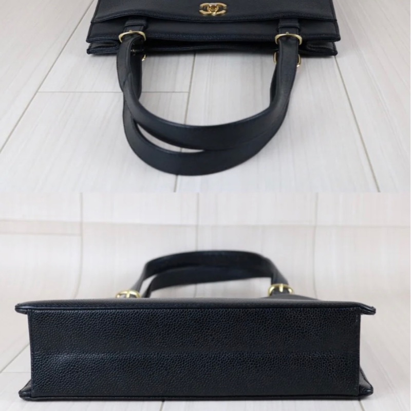 「JL精品代購」98新 Chanel 香奈兒黑金荔枝牛皮托特包-5