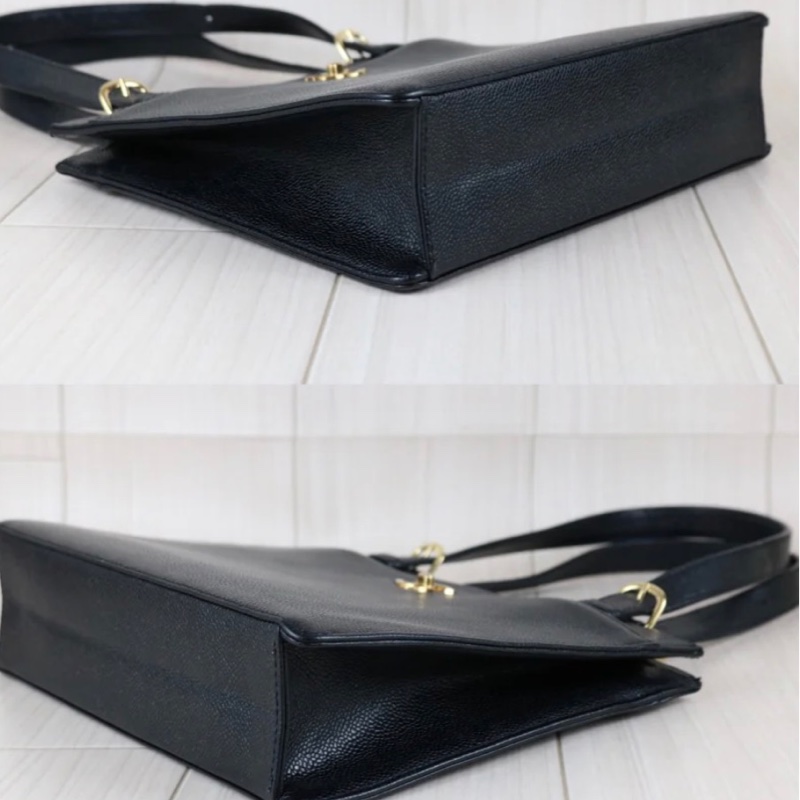 「JL精品代購」98新 Chanel 香奈兒黑金荔枝牛皮托特包-7