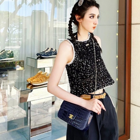 Chanel CF大mini 深藍色 金扣 鱷魚皮20*12*6  98新配件塵袋 保卡