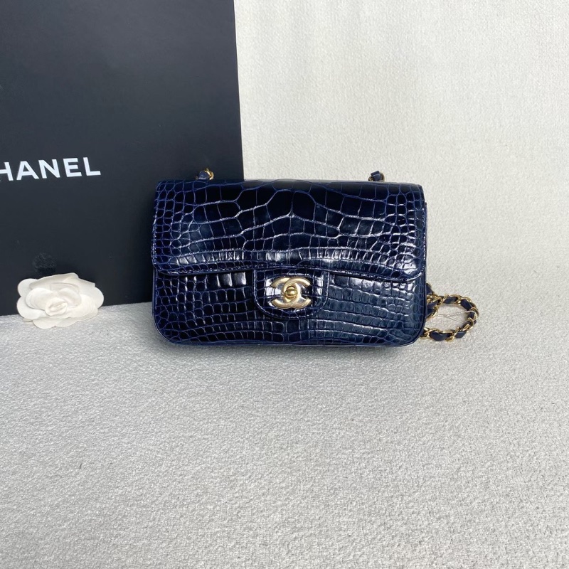 Chanel CF大mini 深藍色 金扣 鱷魚皮20*12*6  98新配件塵袋 保卡-6