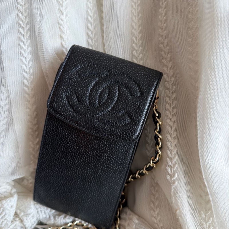 香奈兒 包 黑色 魚子皮 手機包 🖤 中古 手機袋香奈兒 中古黑色 chanel 化妝包 斜挎包 黑金 魚子醬 皮革包 電話包 側背包 斜背背包 二手 古董包-0