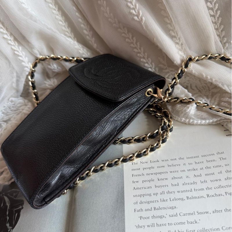 香奈兒 包 黑色 魚子皮 手機包 🖤 中古 手機袋香奈兒 中古黑色 chanel 化妝包 斜挎包 黑金 魚子醬 皮革包 電話包 側背包 斜背背包 二手 古董包-4