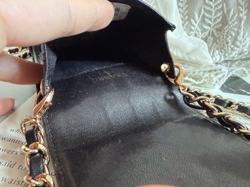 香奈兒 包 黑色 魚子皮 手機包 🖤 中古 手機袋香奈兒 中古黑色 chanel 化妝包 斜挎包 黑金 魚子醬 皮革包 電話包 側背包 斜背背包 二手 古董包-5