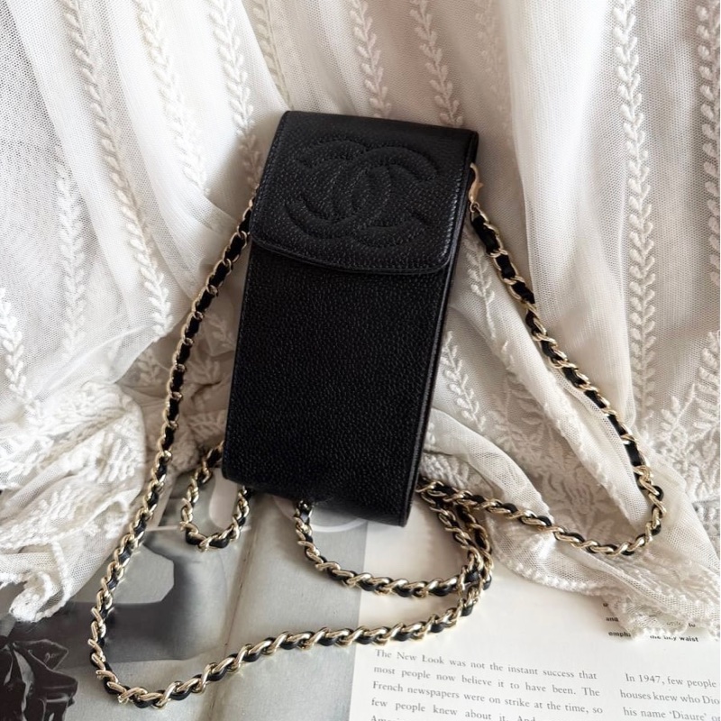 香奈兒 包 黑色 魚子皮 手機包 🖤 中古 手機袋香奈兒 中古黑色 chanel 化妝包 斜挎包 黑金 魚子醬 皮革包 電話包 側背包 斜背背包 二手 古董包-10