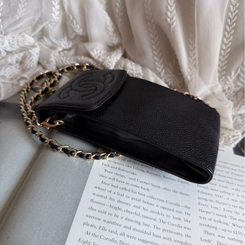 香奈兒 包 黑色 魚子皮 手機包 🖤 中古 手機袋香奈兒 中古黑色 chanel 化妝包 斜挎包 黑金 魚子醬 皮革包 電話包 側背包 斜背背包 二手 古董包-13