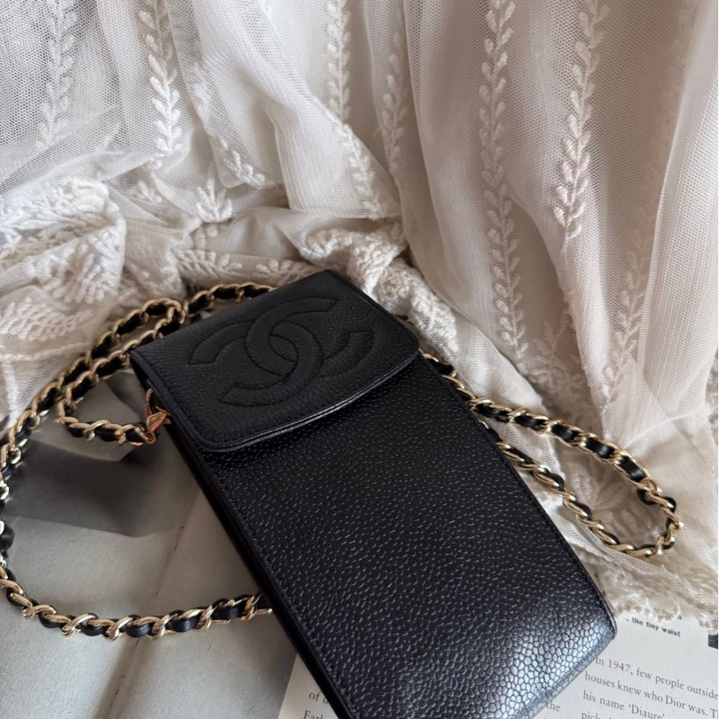 香奈兒 包 黑色 魚子皮 手機包 🖤 中古 手機袋香奈兒 中古黑色 chanel 化妝包 斜挎包 黑金 魚子醬 皮革包 電話包 側背包 斜背背包 二手 古董包-14