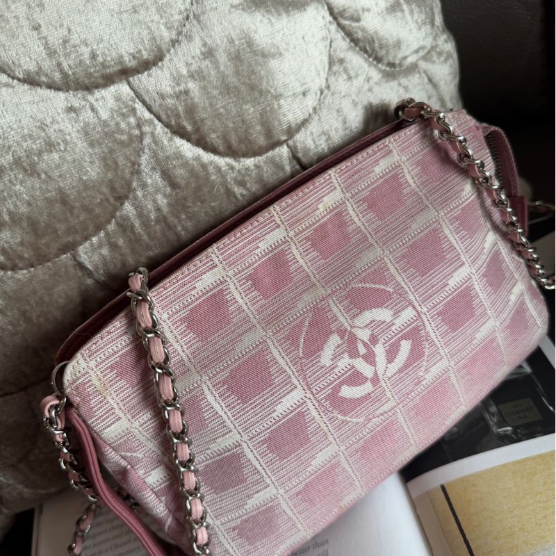 香奈兒 包 化妝包 Vintage Chanel 粉紅格紋 化妝包香奈兒 中古黑色 chanel 化妝包 斜挎包 皮革包 側背包 斜背包 二手 古董包-3