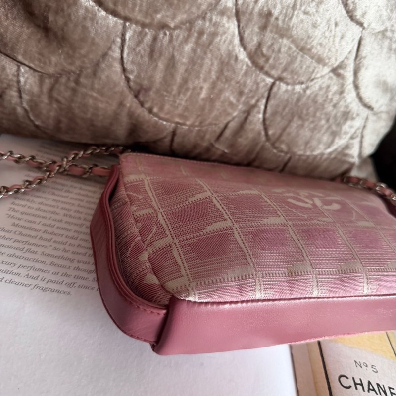 香奈兒 包 化妝包 Vintage Chanel 粉紅格紋 化妝包香奈兒 中古黑色 chanel 化妝包 斜挎包 皮革包 側背包 斜背包 二手 古董包-5