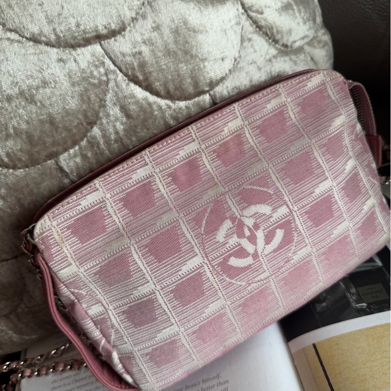 香奈兒 包 化妝包 Vintage Chanel 粉紅格紋 化妝包香奈兒 中古黑色 chanel 化妝包 斜挎包 皮革包 側背包 斜背包 二手 古董包-6