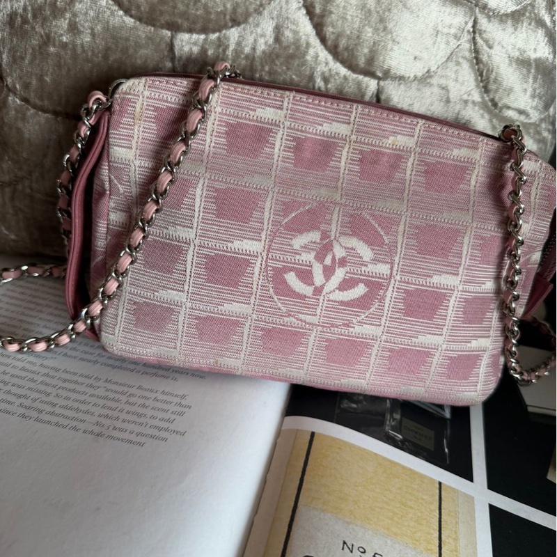 香奈兒 包 化妝包 Vintage Chanel 粉紅格紋 化妝包香奈兒 中古黑色 chanel 化妝包 斜挎包 皮革包 側背包 斜背包 二手 古董包-12