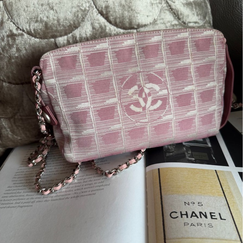 香奈兒 包 化妝包 Vintage Chanel 粉紅格紋 化妝包香奈兒 中古黑色 chanel 化妝包 斜挎包 皮革包 側背包 斜背包 二手 古董包-18