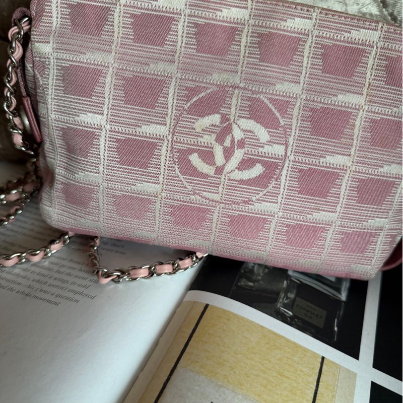 香奈兒 包 化妝包 Vintage Chanel 粉紅格紋 化妝包香奈兒 中古黑色 chanel 化妝包 斜挎包 皮革包 側背包 斜背包 二手 古董包-19