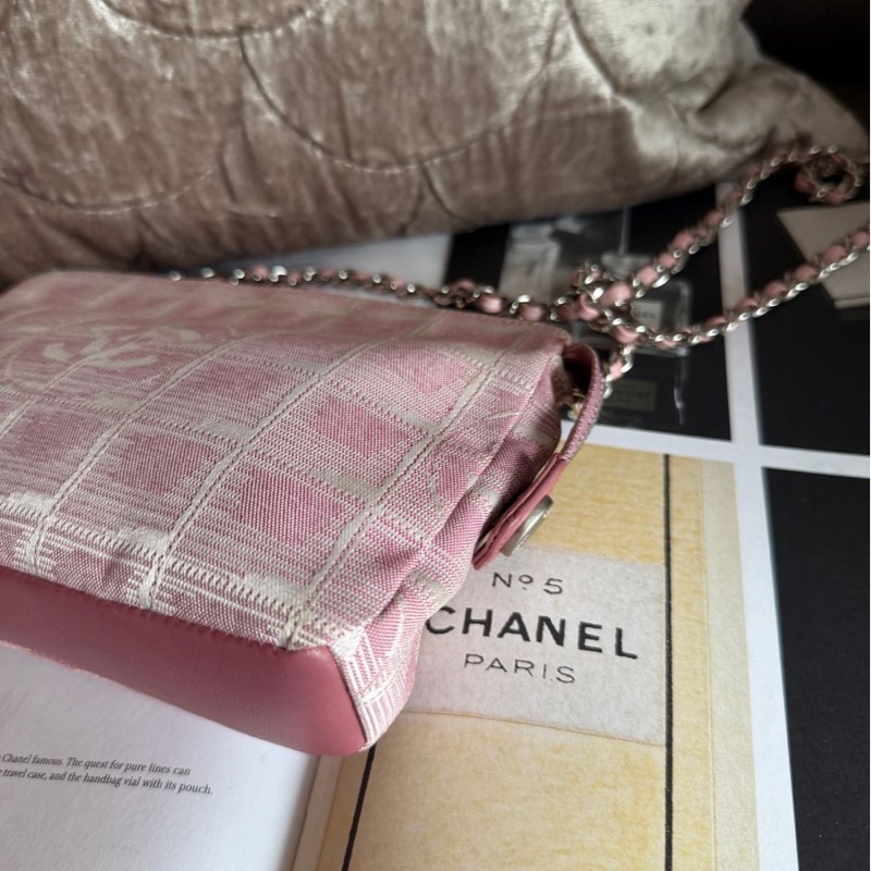 香奈兒 包 化妝包 Vintage Chanel 粉紅格紋 化妝包香奈兒 中古黑色 chanel 化妝包 斜挎包 皮革包 側背包 斜背包 二手 古董包-20