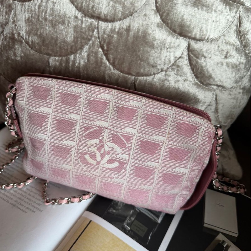 香奈兒 包 化妝包 Vintage Chanel 粉紅格紋 化妝包香奈兒 中古黑色 chanel 化妝包 斜挎包 皮革包 側背包 斜背包 二手 古董包-21