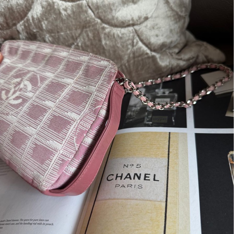 香奈兒 包 化妝包 Vintage Chanel 粉紅格紋 化妝包香奈兒 中古黑色 chanel 化妝包 斜挎包 皮革包 側背包 斜背包 二手 古董包-23