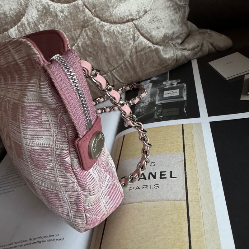 香奈兒 包 化妝包 Vintage Chanel 粉紅格紋 化妝包香奈兒 中古黑色 chanel 化妝包 斜挎包 皮革包 側背包 斜背包 二手 古董包-24