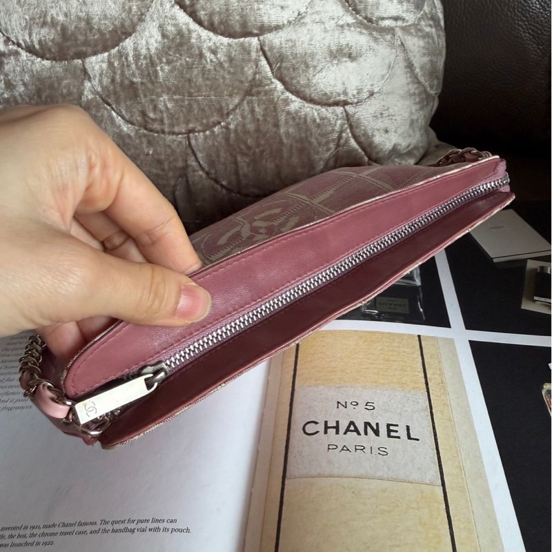 香奈兒 包 化妝包 Vintage Chanel 粉紅格紋 化妝包香奈兒 中古黑色 chanel 化妝包 斜挎包 皮革包 側背包 斜背包 二手 古董包-25