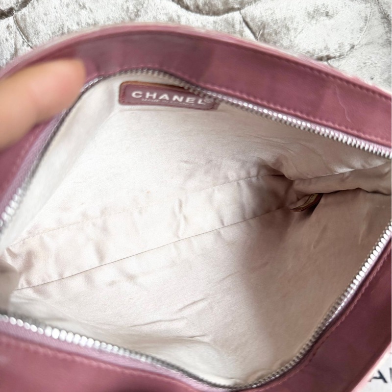 香奈兒 包 化妝包 Vintage Chanel 粉紅格紋 化妝包香奈兒 中古黑色 chanel 化妝包 斜挎包 皮革包 側背包 斜背包 二手 古董包-26