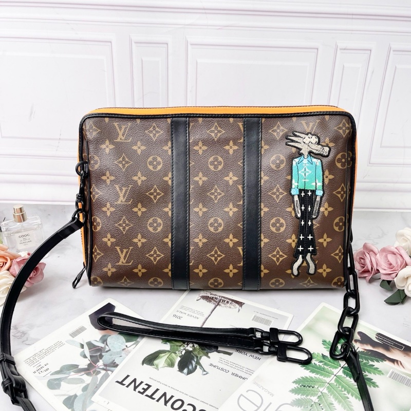 LV老花Keepall Pouch限量款 稻草人手拿包肩背斜背包34*7*23cm 98新配件肩帶 塵袋-1