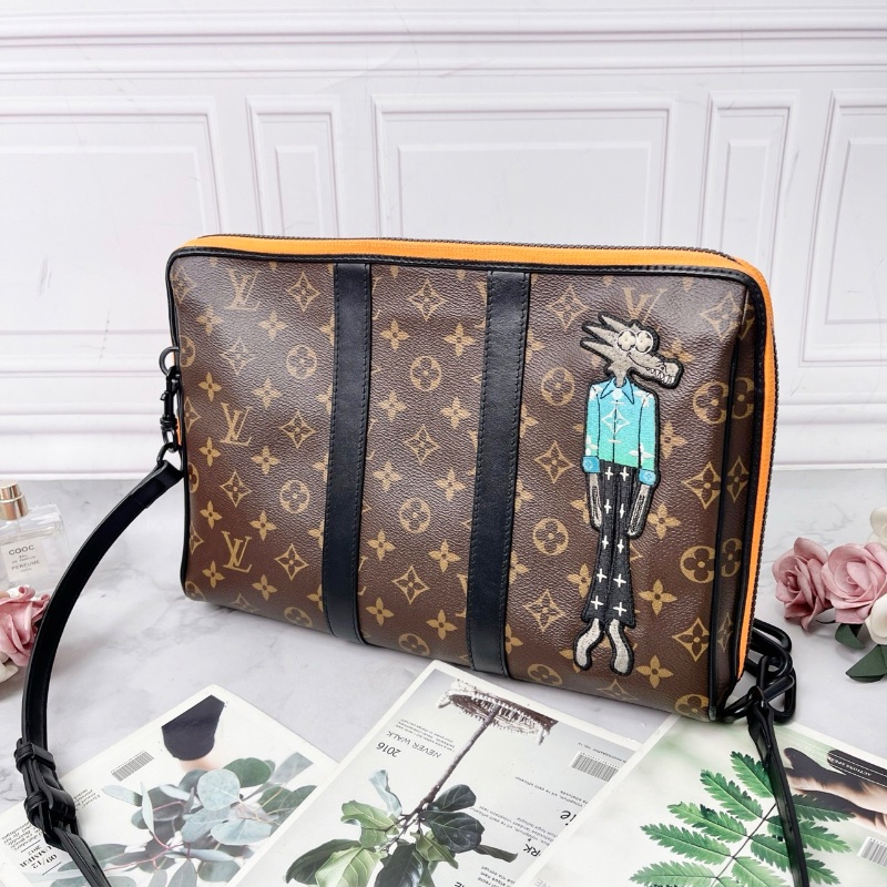 LV老花Keepall Pouch限量款 稻草人手拿包肩背斜背包34*7*23cm 98新配件肩帶 塵袋-3